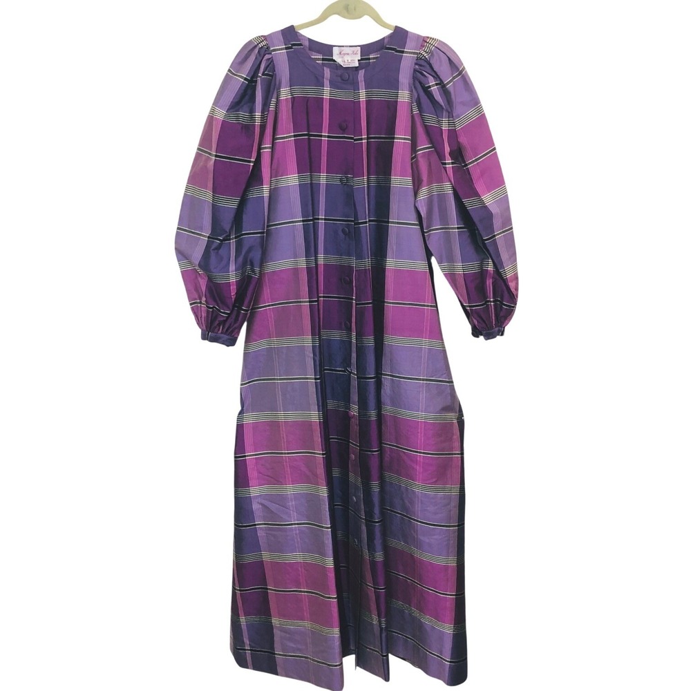 VTG 60s Marjorie Hicks Thai Silk Plaid Madras Maxi Dress Caftan Puff Slv Size S